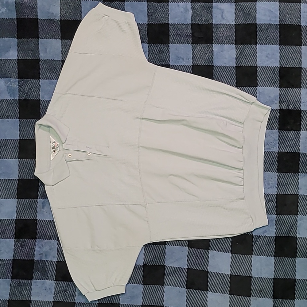 Vintage. 80s. ACTION. Poly-blend. Streetwear polo shirt. Size Large